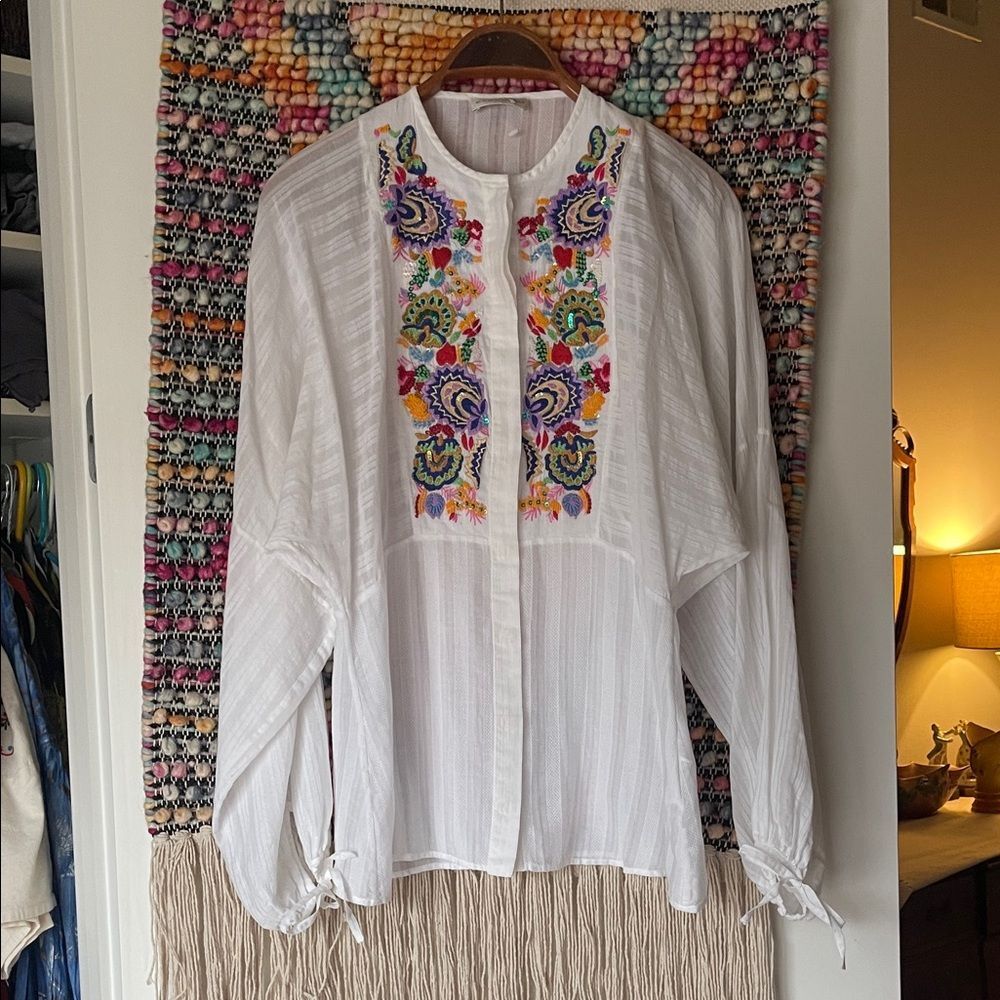 Etro White Blouse with Colorful Embroidery and beading